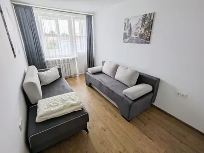 a living room with a couch and a chair at Lovely 2-bedroom flat in the heart of Druskininkai in Druskininkai