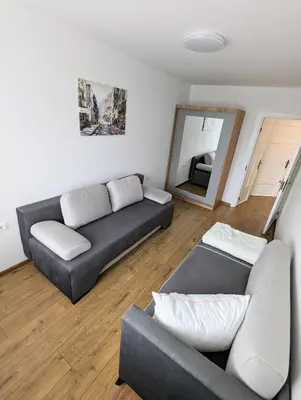 a living room with a couch and a mirror at Lovely 2-bedroom flat in the heart of Druskininkai in Druskininkai