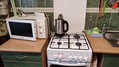 a kitchen with a stove and a microwave on a counter at Rami nakvynė Panevėžyje in Panevėžys