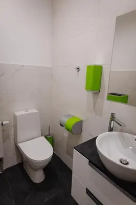 a bathroom with a white toilet and a sink at Birch Alley Self Check-In in Panevėžys