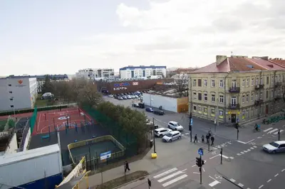 an aerial view of a city with a tennis court at Vilnius4you studio in Vilnius