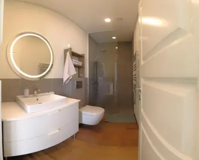 a bathroom with a sink and a toilet and a mirror at Žalio kalno apartamentai in Kaunas