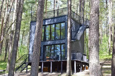 a tree house in the middle of the forest at Premium Forest Bungalow with HOT TUB in Ažuluokesa