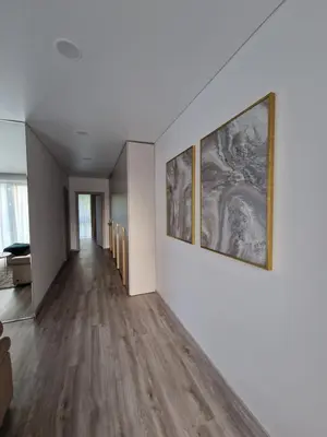 an empty hallway with two paintings on the wall at Life Story in Kaunas