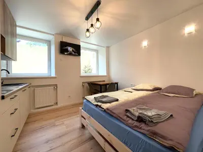 a bedroom with a large bed in a kitchen at Modern guest house in city center I Room 2 in Vilnius