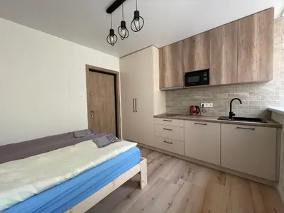 a kitchen with a bed and a sink in a room at Modern guest house in city center I Room 2 in Vilnius
