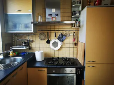 a small kitchen with a stove and a sink at Spacious Apartment with free parking in Kaunas in Kaunas