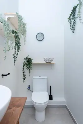 a bathroom with a toilet and plants on the wall at Bali house Vilnius in Vilnius