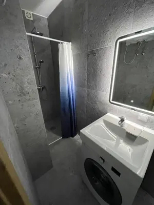 a bathroom with a shower and a sink and a mirror at 30 Airport apartment in Vilnius