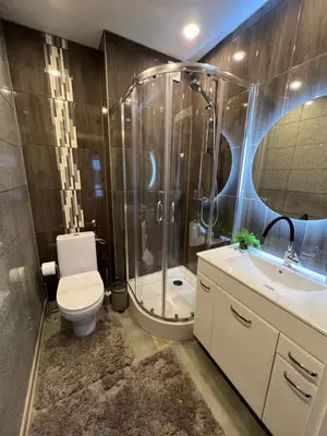 a bathroom with a shower and a toilet and a sink at Villa Arjola in Kaltanėnai