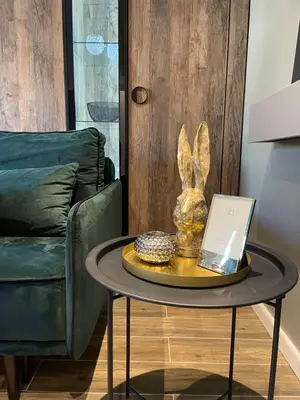 a table with a laptop on it next to a couch at Siauliai ‘Four sisters’ in Šiauliai
