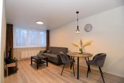a living room with a couch and a table and chairs at Naujai įrengtas 2-jų kambarių butas in Šiauliai