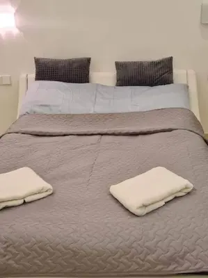 a large bed with two white pillows on it at River view appartment in Kaunas in Kaunas