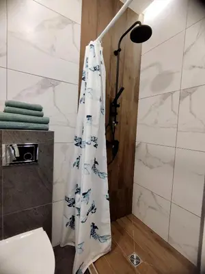 a bathroom with a shower curtain and a toilet at Stylish Central Station Old Town Apart FREE PARKING in Vilnius