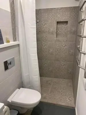 a small bathroom with a toilet and a shower at Cozy apartment in Karmelava in Karmėlava