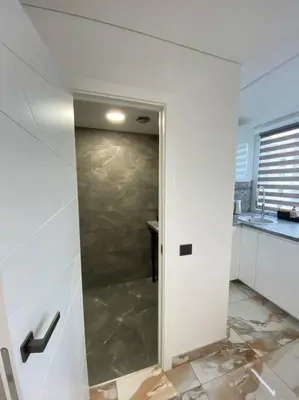 a bathroom with a glass door in a kitchen at Ukmergė Apartments in Ukmergė