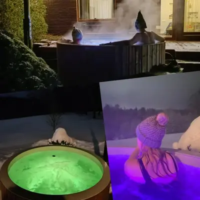 a hot tub with green water and a girl in a hat at 3-bedroom villa surrounded by beautiful nature in Vaišvydava