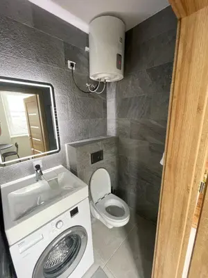 a small bathroom with a toilet and a sink at 32 Airport Apartment in Vilnius