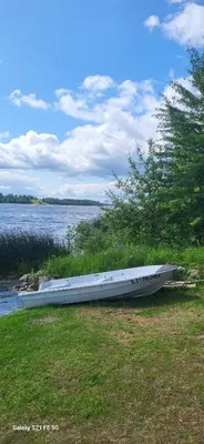 a boat sitting on the grass next to a body of water at Drulenu sodyba in Drūlėnai
