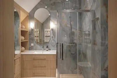 a bathroom with a shower and a sink at cohost I Premium Residence I on the Historic Pilies Street I Self Check-in in Vilnius
