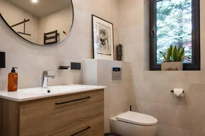 a bathroom with a sink and a toilet and a mirror at Pine house in Zujūnai