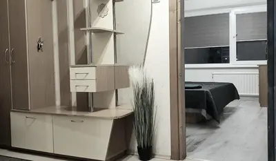 a room with white cabinets and a table with a plant at EMVIKA apartament in Šiauliai