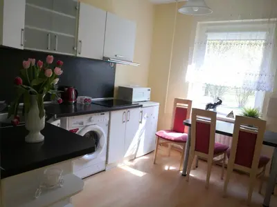 a kitchen with a table and chairs and a kitchen with a dishwasher at Vieno kambario butas su balkonu in Kaunas