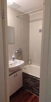 a bathroom with a sink and a bath tub and a sink at Vieno kambario butas su balkonu in Kaunas