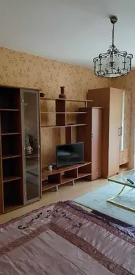 a living room with a flat screen tv and shelves at Vieno kambario butas su balkonu in Kaunas
