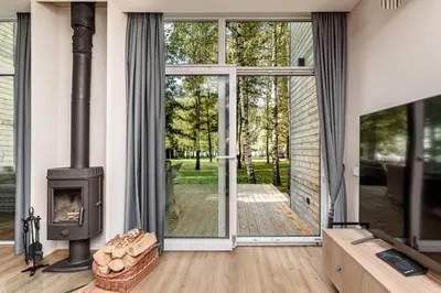 a living room with a fireplace and a tv at Miško Spa namas in Molėtai