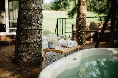 a table with wine glasses on it next to a tree at Atokampis Boutique SPA & Resort in Anglininkai