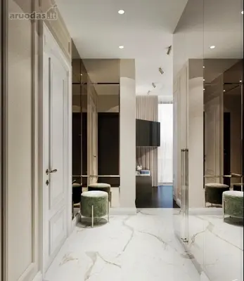 a lobby with a corridor with chairs and a door at New luxury apartment & free parking in Vilnius