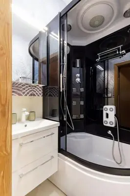 a black and white bathroom with a shower and a sink at Luxury apartment in Gedimino av. in Vilnius