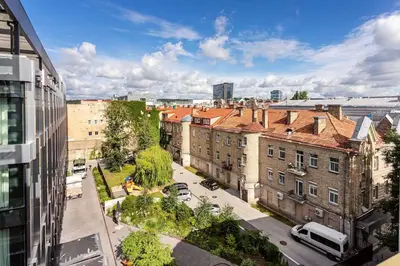 an aerial view of a city with buildings at Luxury apartment in Gedimino av. in Vilnius