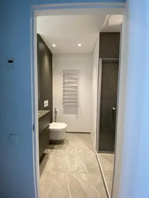 a bathroom with a toilet and a sink and a shower at J. Ralio apartamentai (monkey) in Vilnius