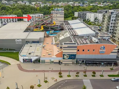 an aerial view of a building with a playground at J. Ralio apartamentai (monkey) in Vilnius