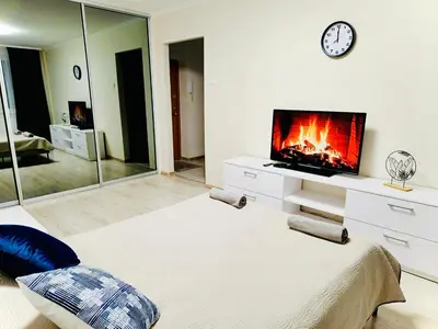 a living room with a tv and a fireplace at M&M Apartment V SELF CHECK-IN in Panevėžys