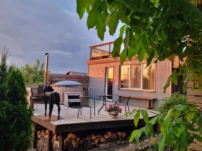 a house with a horse standing on a wooden deck at ODM&A apartment in Vilnius