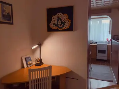 a kitchen with a table with a lamp and a dining room at Erdvus butas su balkonu šalia ežero ir stadiono in Visaginas