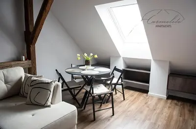 a living room with a table and chairs and a window at Spacious sky Carmelite apartment in Vilnius