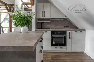 a kitchen with a table with a vase of flowers at Spacious sky Carmelite apartment in Vilnius
