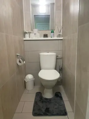 a small bathroom with a toilet and a mirror at Guest House Vilnius in Vilnius
