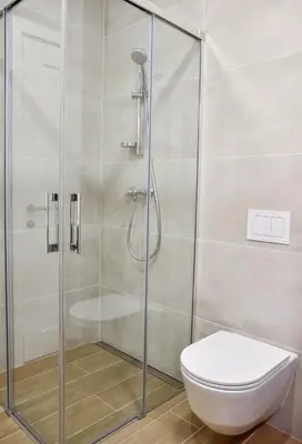 a shower stall in a bathroom with a toilet at Parko Aveniu Apartamentai B4 in Birštonas