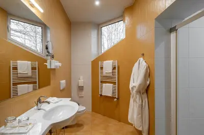 a bathroom with a sink and a toilet at Hotel Sfinksas in Kaunas
