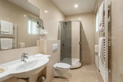 a bathroom with a toilet and a sink and a shower at Hotel Sfinksas in Kaunas