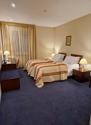 a hotel room with two beds and a window at Hotel Sfinksas in Kaunas