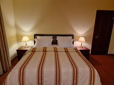 a bedroom with a large bed with two lamps at Hotel Sfinksas in Kaunas