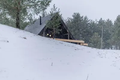 a log cabin in the snow in front of trees at Aušrinės in Liškiava