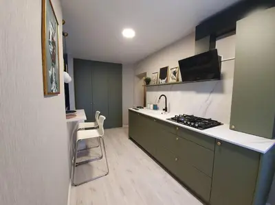 a kitchen with green cabinets and a sink and a stove at Apartaments in Šiauliai center in Šiauliai