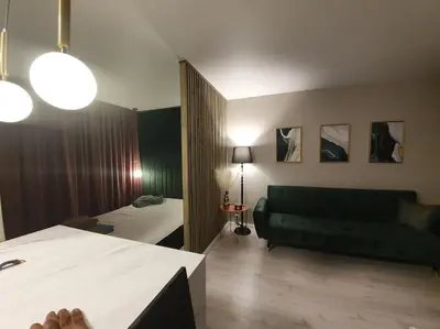 a living room with a bed and a green couch at Apartaments in Šiauliai center in Šiauliai